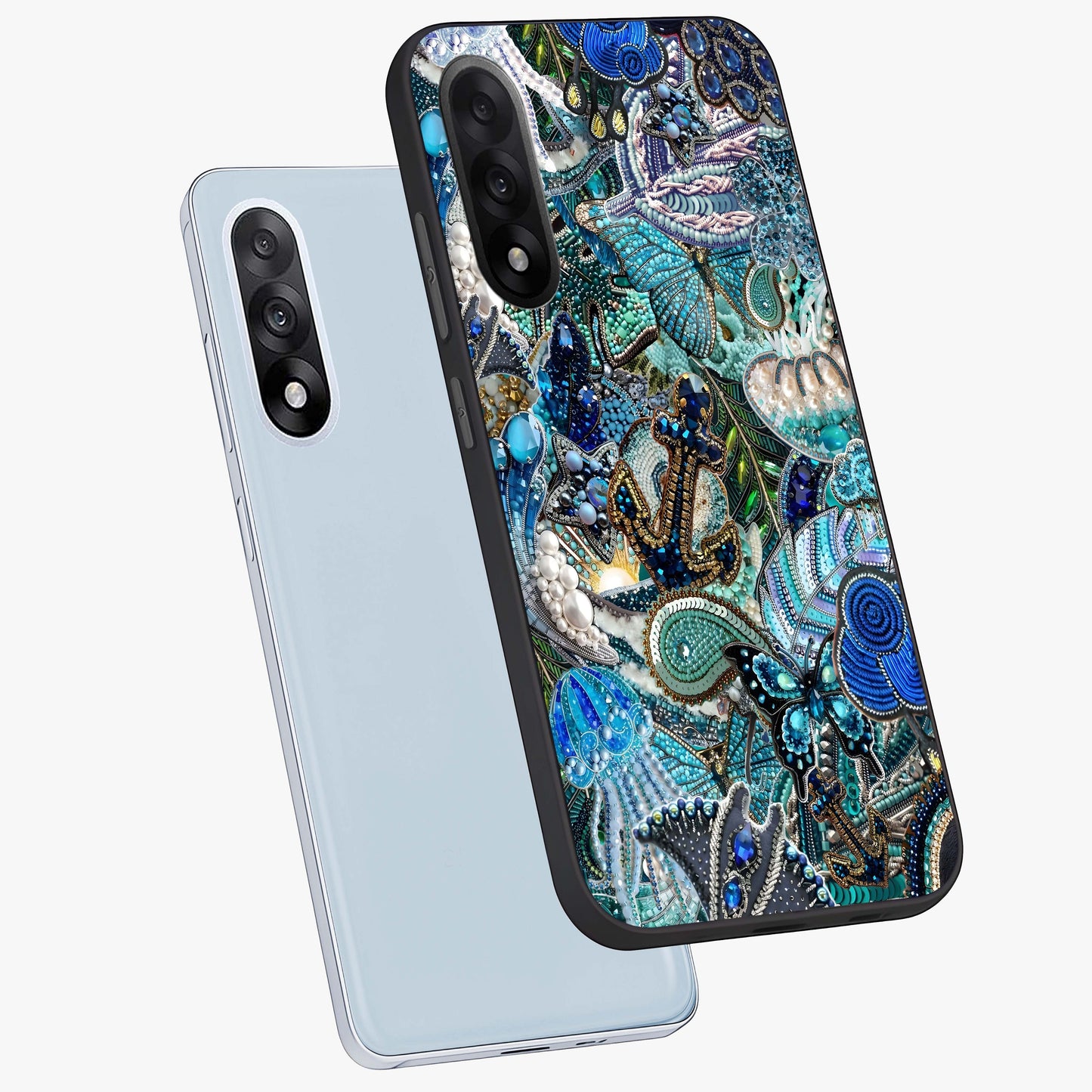 Crystal Ocean Magic Glass Case for 1+Nord 5 angled mockup showcasing glossy finish and flowing aqua tones