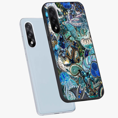 Crystal Ocean Magic Glass Case for 1+Nord 5 angled mockup showcasing glossy finish and flowing aqua tones