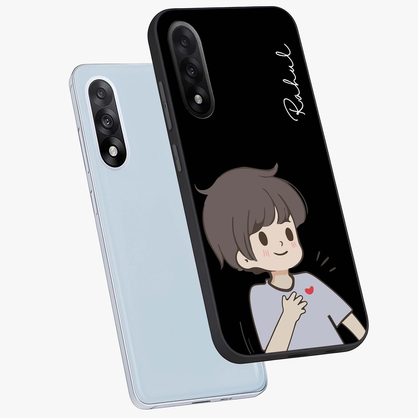 Cute Boy Heart Reaction Glass Case for 1+Nord 5 angled mockup showcasing glossy finish and vibrant pastel tones