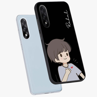 Cute Boy Heart Reaction Glass Case for 1+Nord 5 angled mockup showcasing glossy finish and vibrant pastel tones