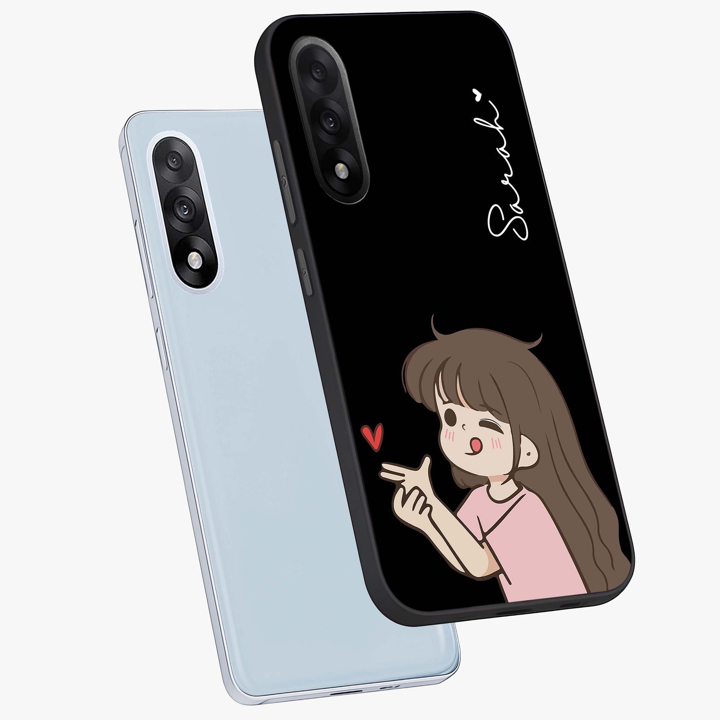 Cute Girl Firing Heart Glass Case for 1+Nord 5 angled mockup showcasing glossy finish and lively character detailing