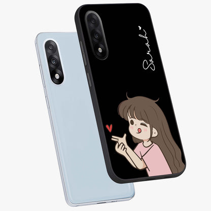 Cute Girl Firing Heart Glass Case for 1+Nord 5 angled mockup showcasing glossy finish and lively character detailing