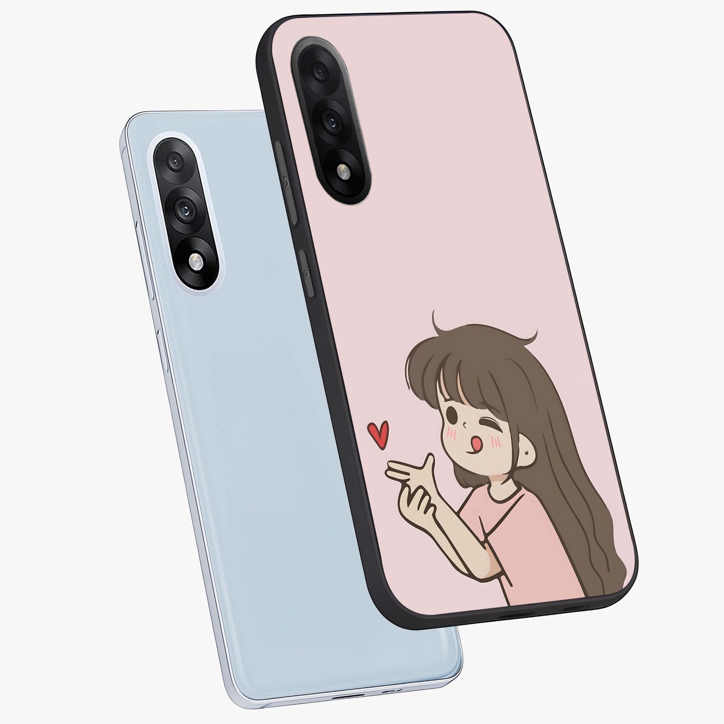 Cute Kiss Heart Glass Case for 1+Nord 5 angled mockup showcasing glossy finish and soft pastel tones