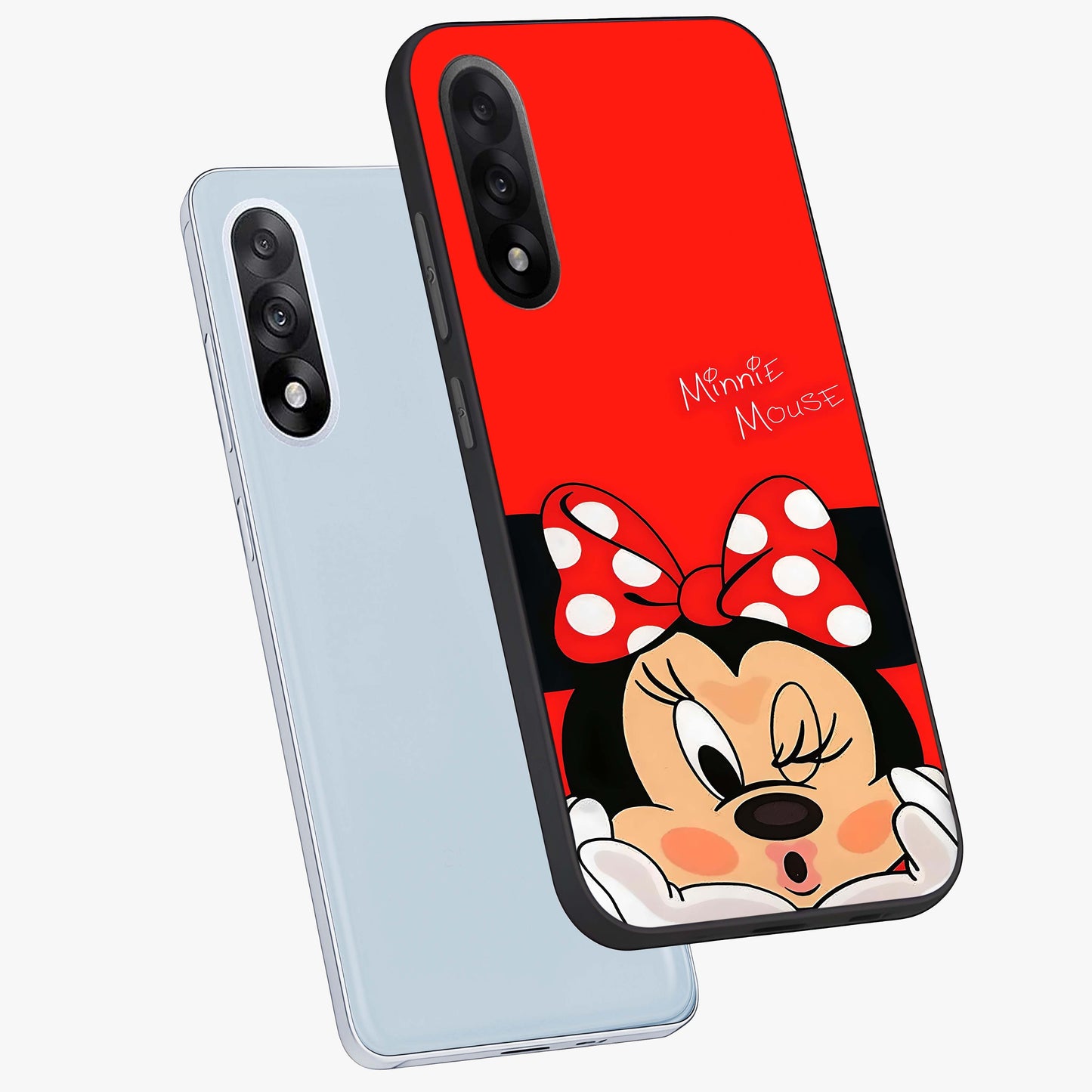 Cute Minnie Love Glass Case for 1+Nord 5 angled mockup showcasing glossy glass finish and vibrant character detailing