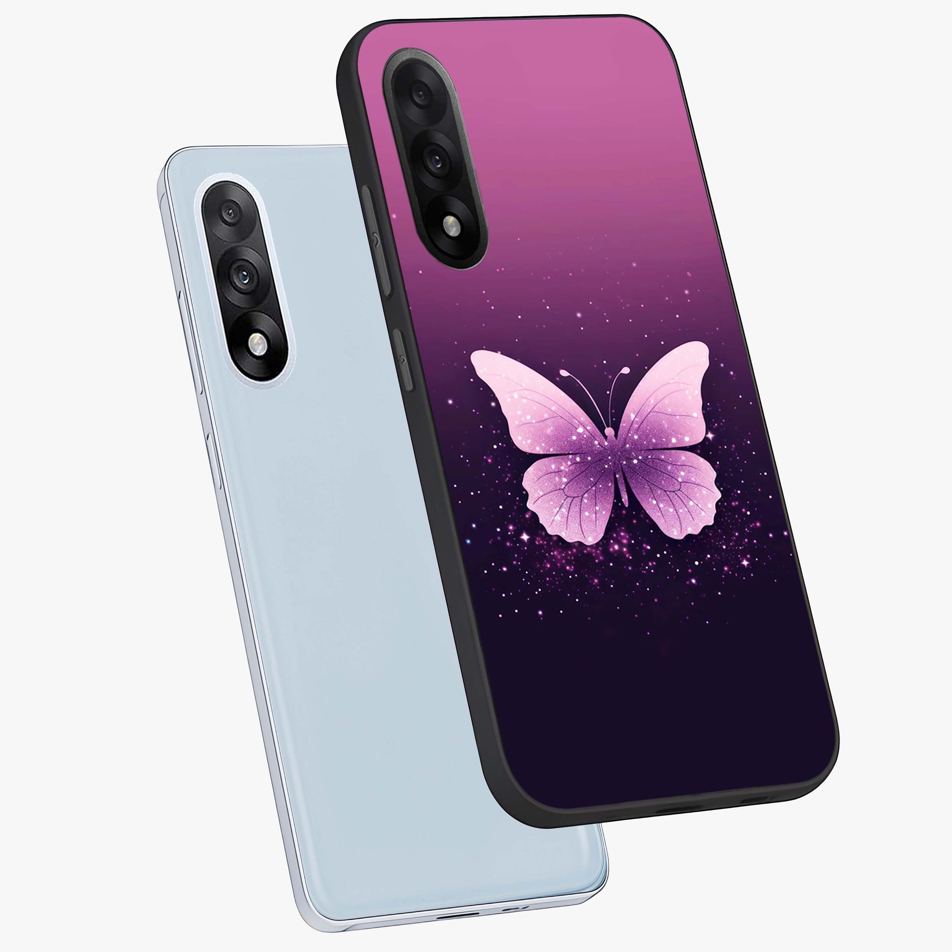 Cute Starry Butterfly Glass Case for 1+Nord 5 angled mockup showcasing glossy finish and celestial pastel tones
