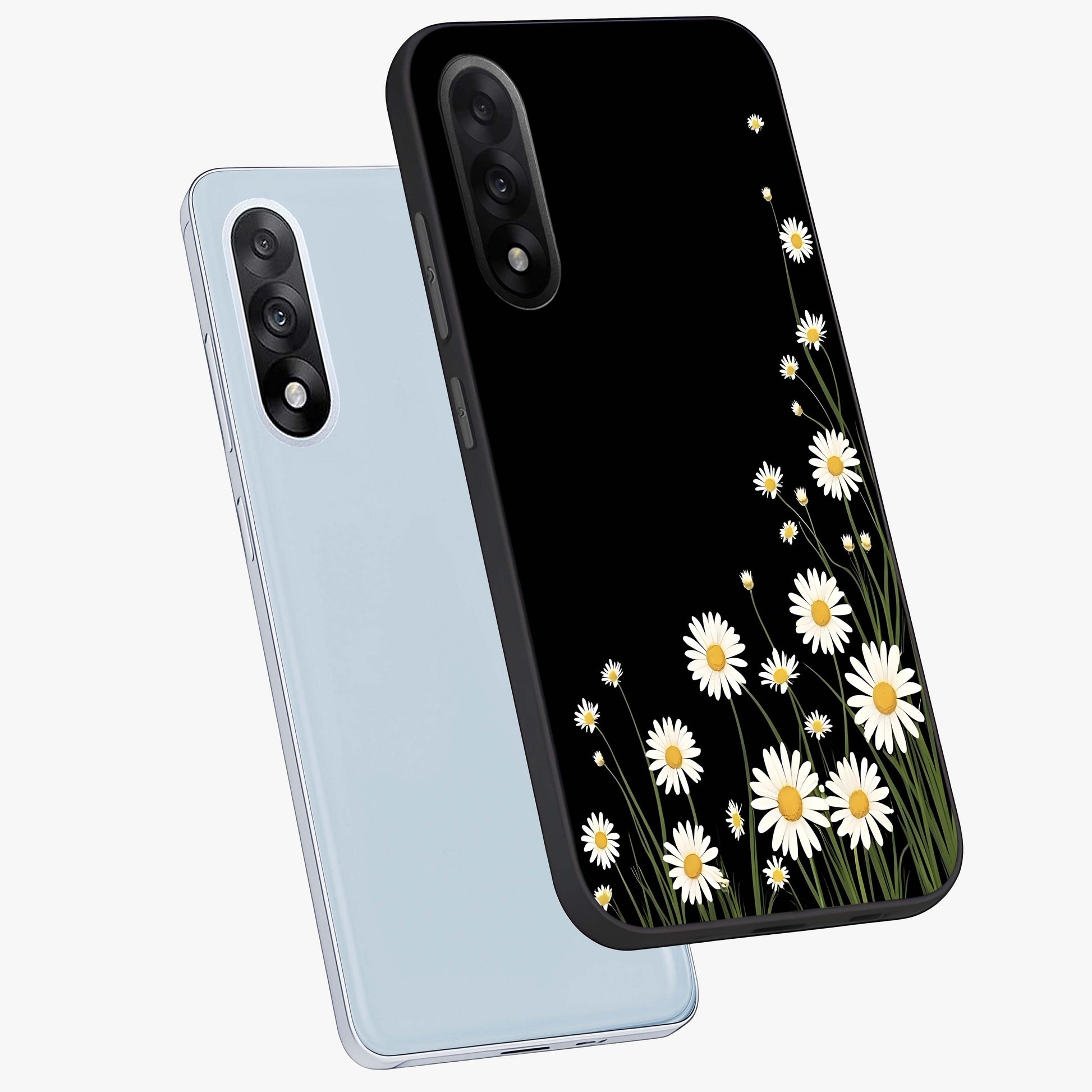 Daisy Cascade on Black Glass Case for 1+Nord 5 angled mockup showcasing glossy finish and bold floral contrast