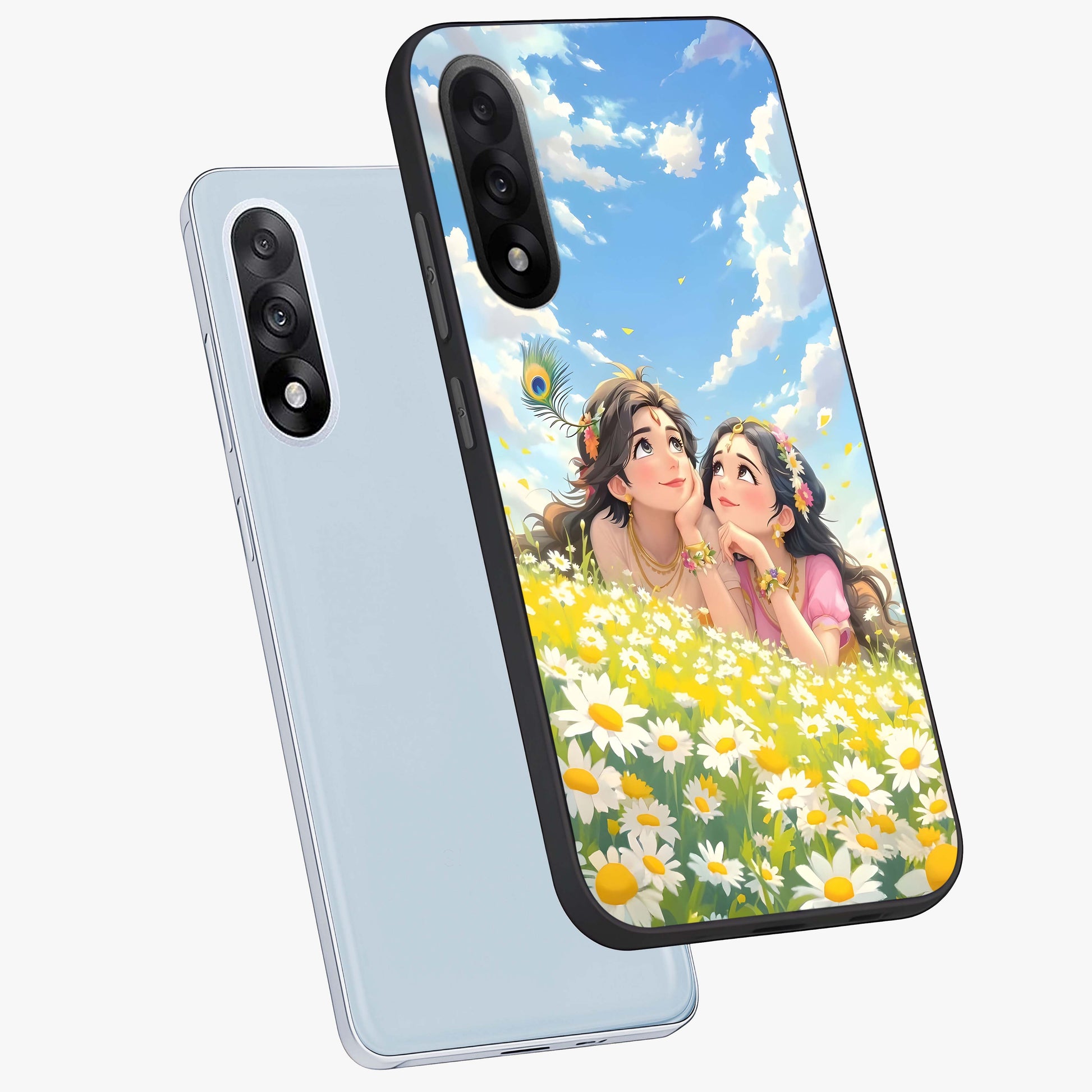 Daisy Daydream Love Glass Case for 1+Nord 5 angled mockup showcasing glossy finish and pastel bloom tones