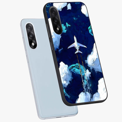 Dark Airplane Glass Case for 1+Nord 5 angled mockup showcasing glossy finish and dramatic sky tones