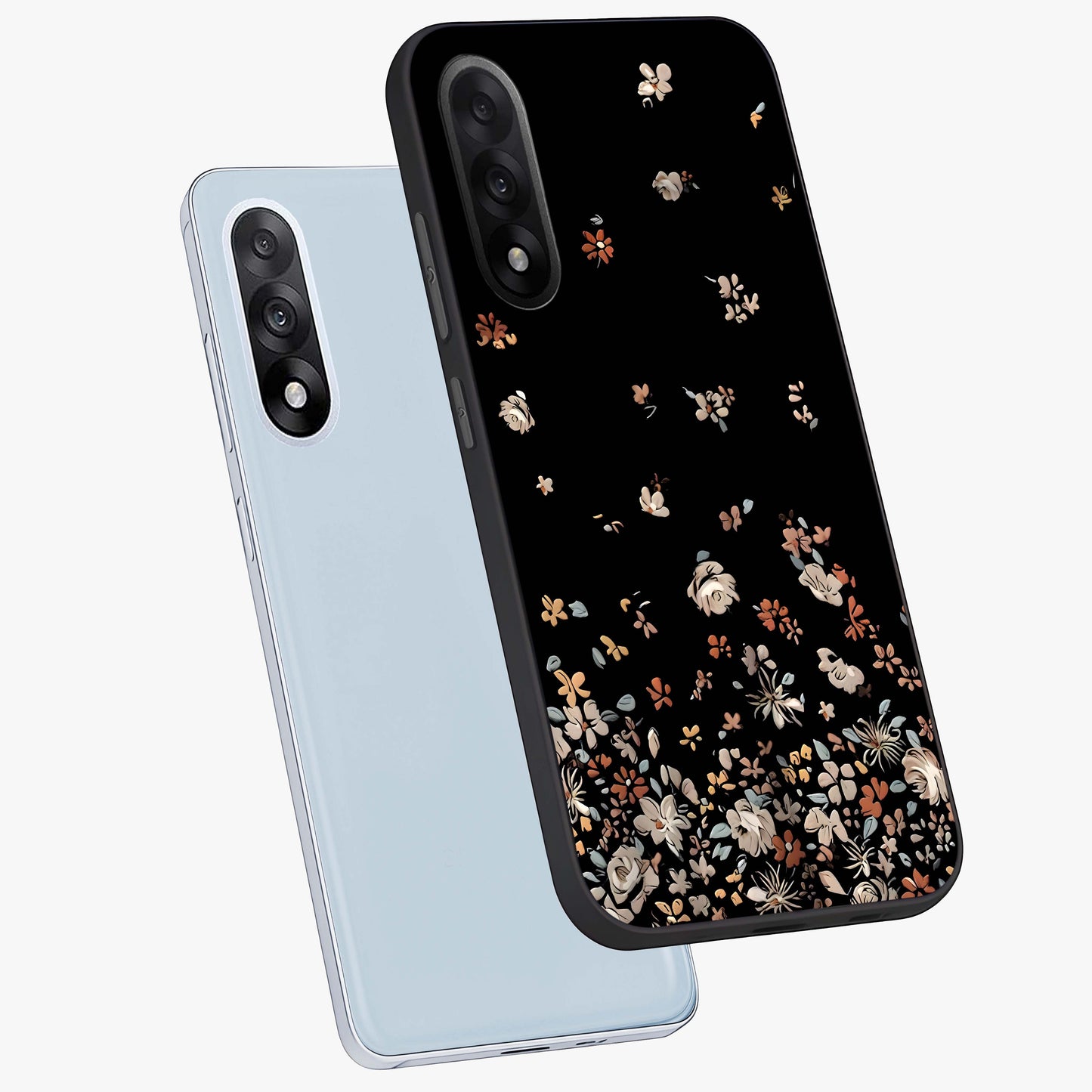 Dark Petal Aesthetic Glass Case for 1+Nord 5 angled mockup showcasing glossy finish and dramatic petal detailing