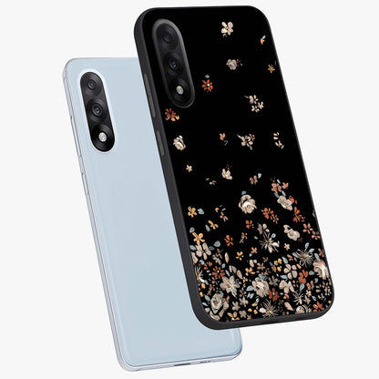 Dark Petal Aesthetic Glass Case for 1+Nord 5 angled mockup showcasing glossy finish and dramatic petal detailing