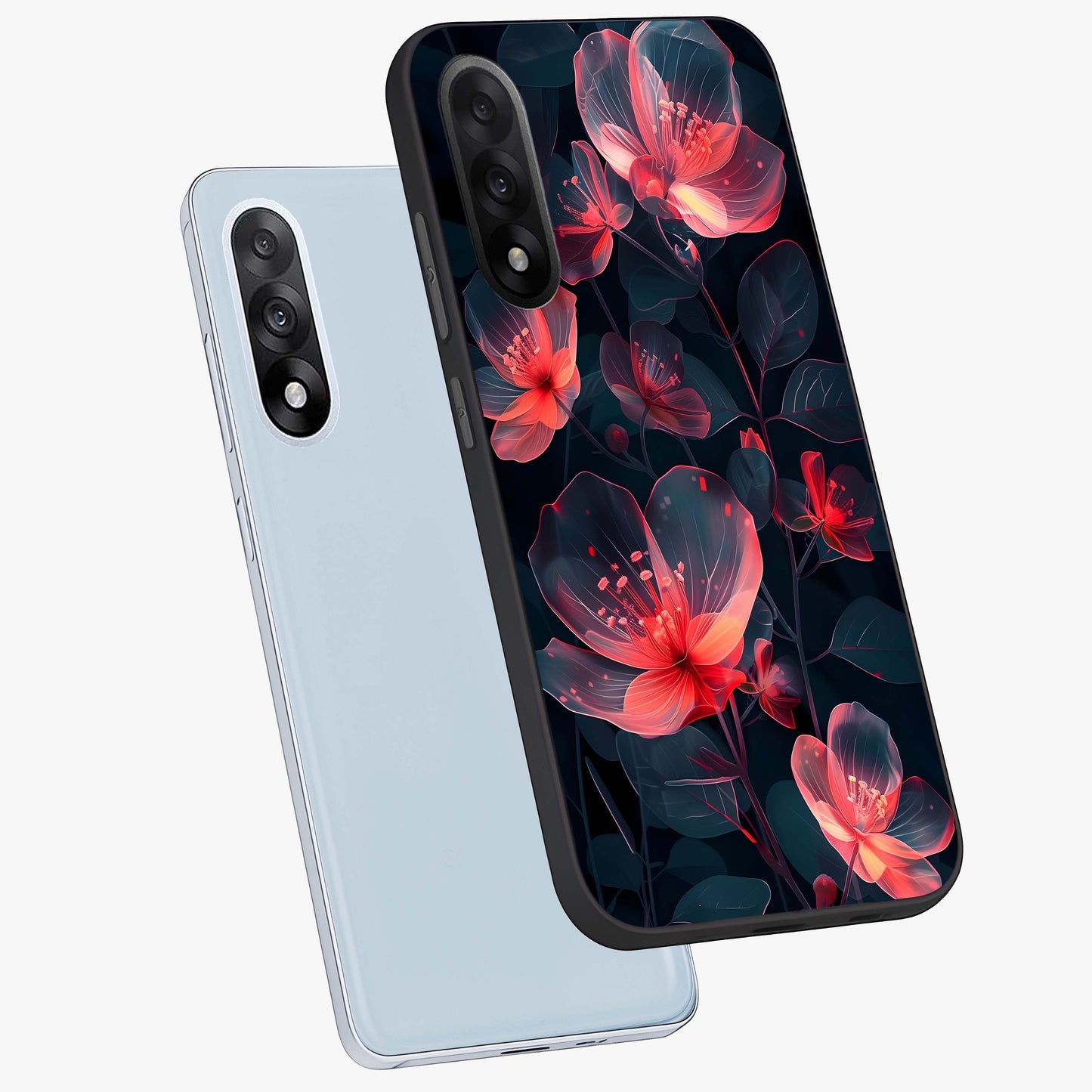 Dark Shade of Flower Glass Case for 1+Nord 5 angled mockup showcasing glossy finish and bold contrast detailing