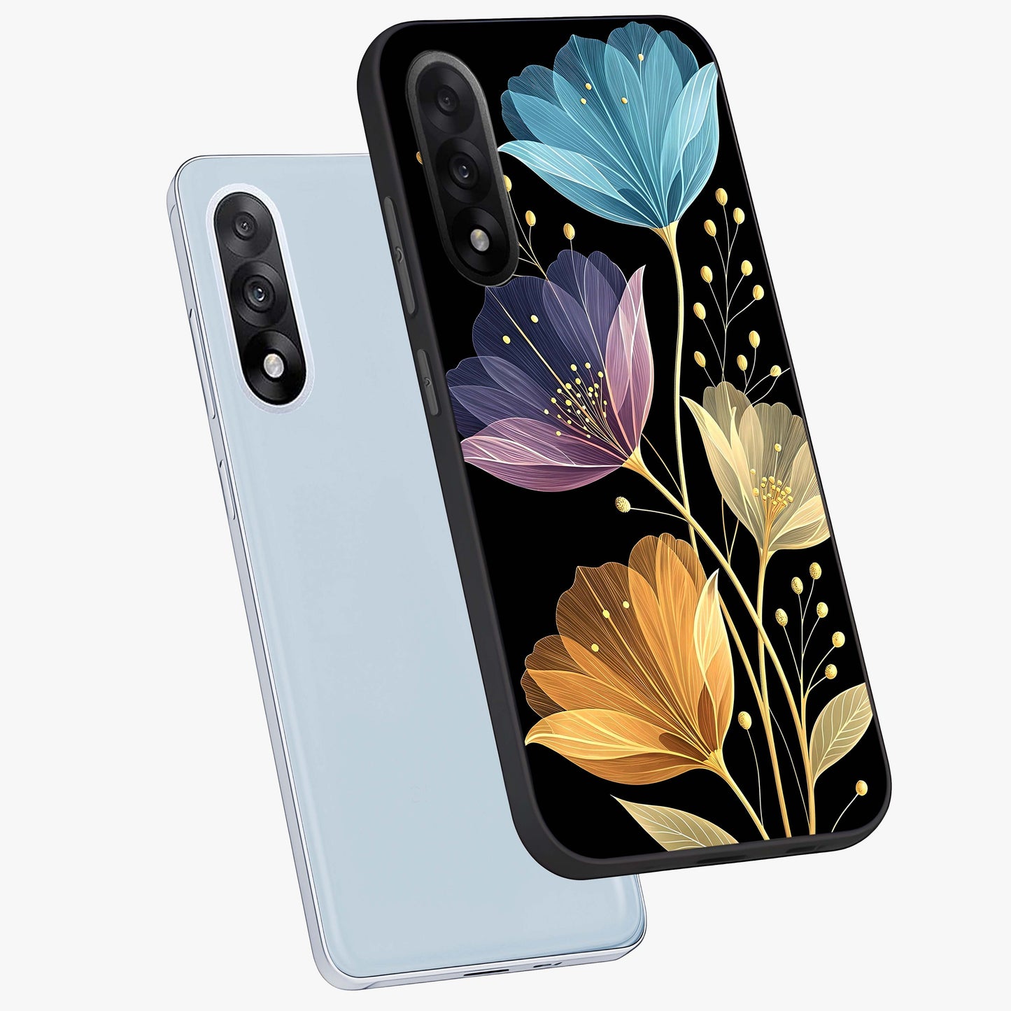 Delicate Multicolor Flowers Glass Case for 1+Nord 5 angled mockup showcasing glossy finish and pastel bloom detailing