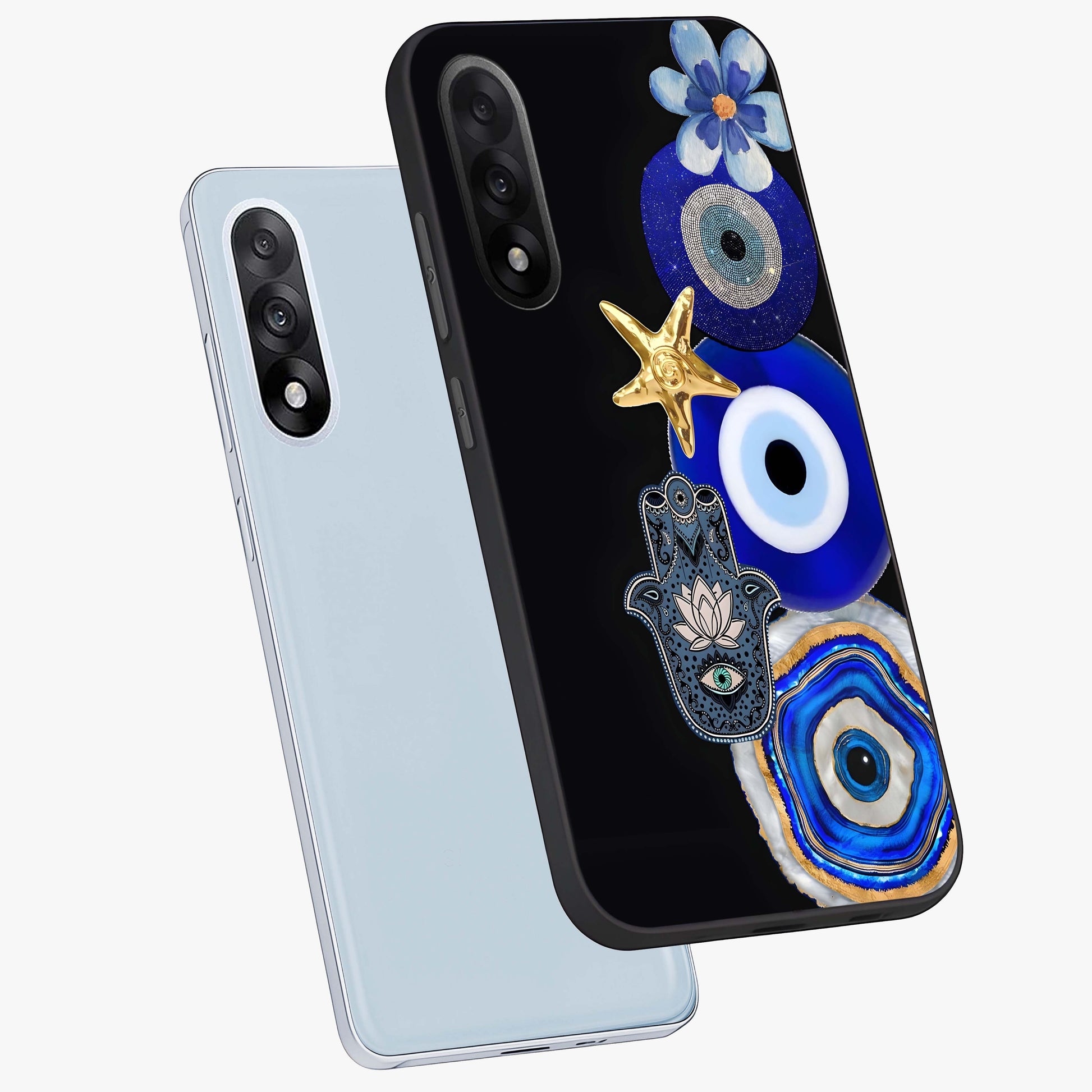 Divine Eye Bloom Glass Case for 1+Nord 5 angled mockup showcasing glossy finish and vibrant protective detailing