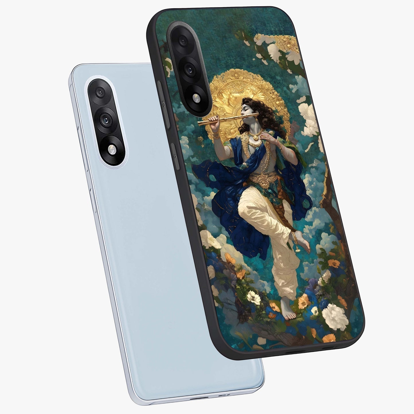 Divine Krishna Art Glass Case for 1+Nord 5 angled mockup showcasing glossy finish and vibrant spiritual tones