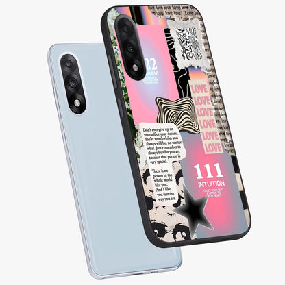 Divine Love Vibes Glass Case for 1+Nord 5 angled mockup showcasing glossy finish and warm aesthetic tones