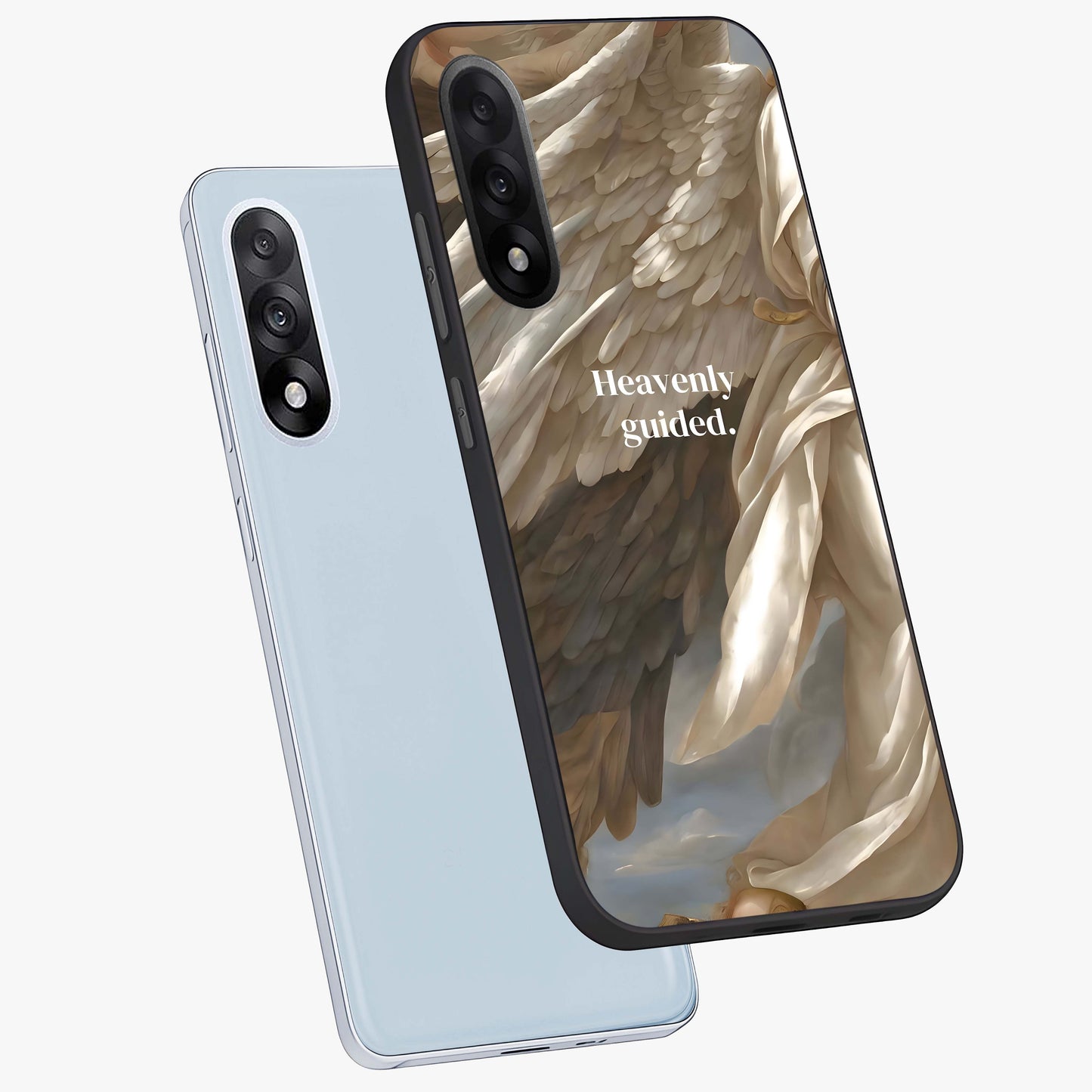 Divine Winged Grace Glass Case for 1+Nord 5 angled mockup showcasing glossy finish and elegant design tones