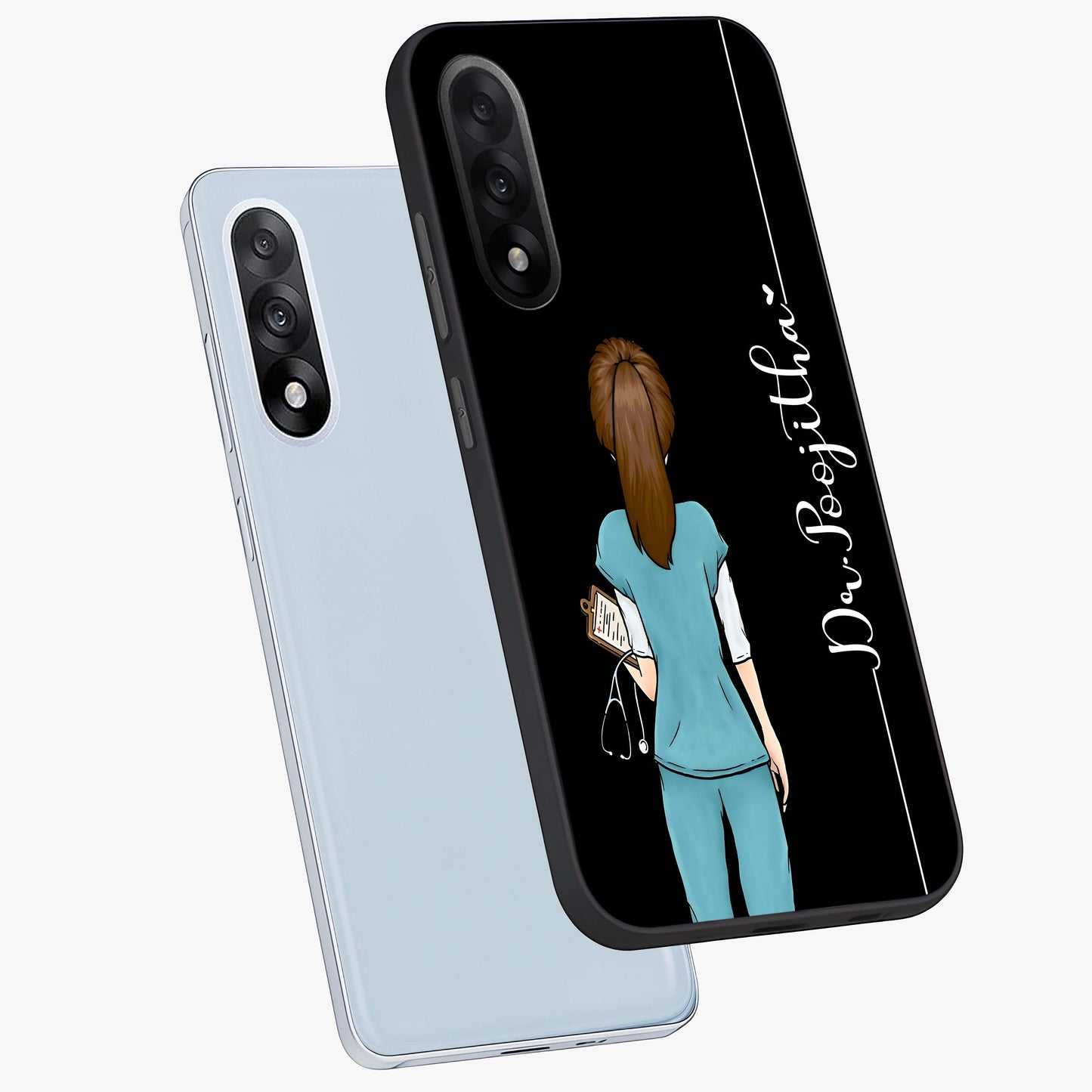 Doctor Pattern Custom Name Glass Case for 1+Nord 5 angled mockup showcasing glossy finish and detailed pattern elements