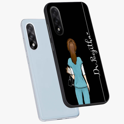Doctor Pattern Custom Name Glass Case for 1+Nord 5 angled mockup showcasing glossy finish and detailed pattern elements
