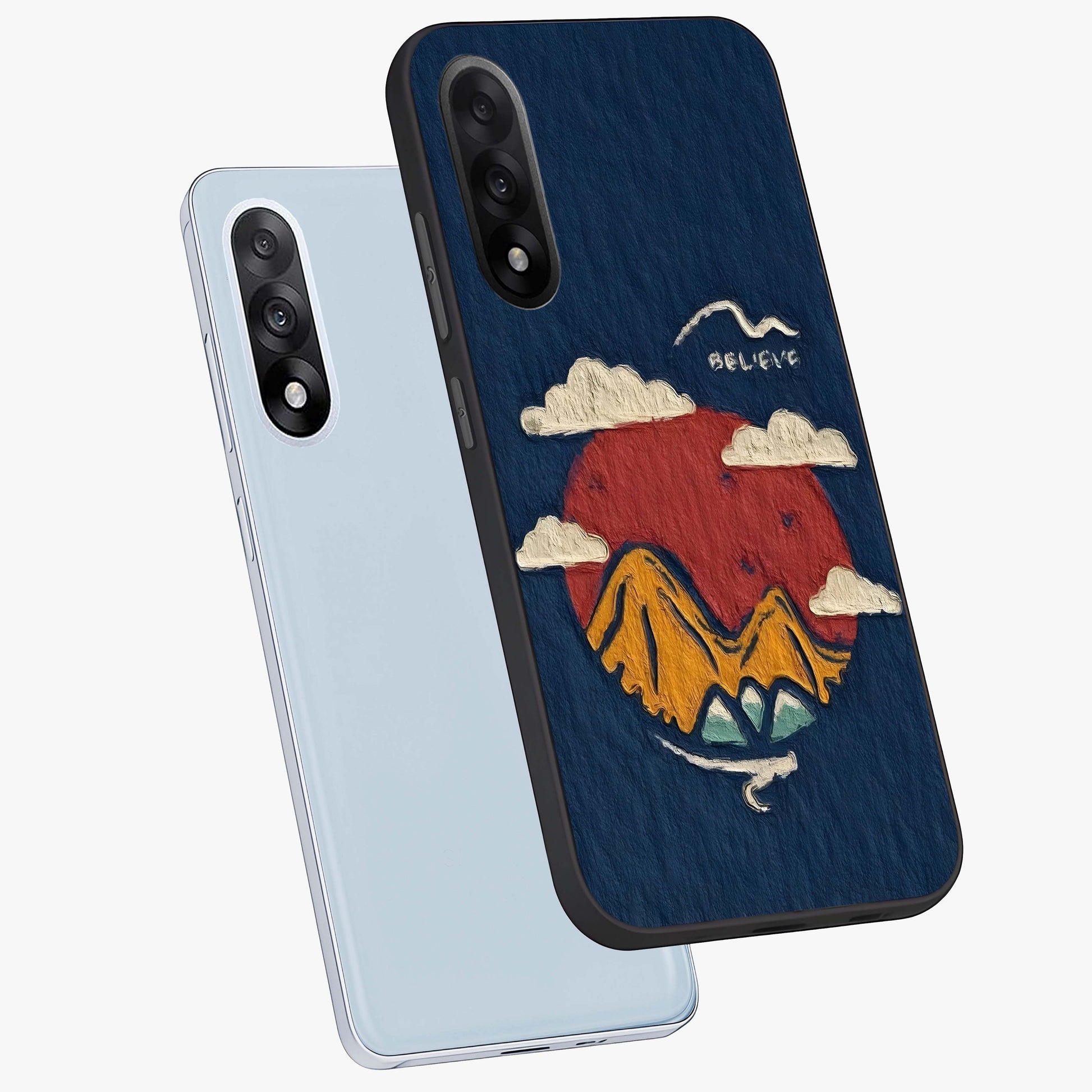 Dream Beyond Mountains Glass Case for 1+Nord 5 angled mockup showcasing glossy finish and calming gradient tones