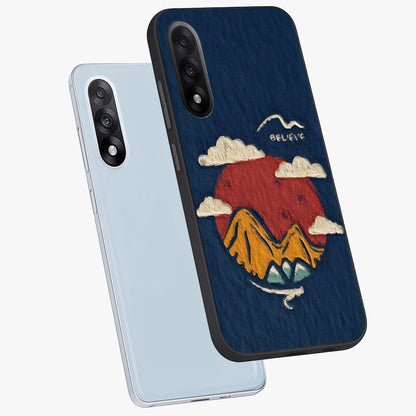 Dream Beyond Mountains Glass Case for 1+Nord 5 angled mockup showcasing glossy finish and calming gradient tones