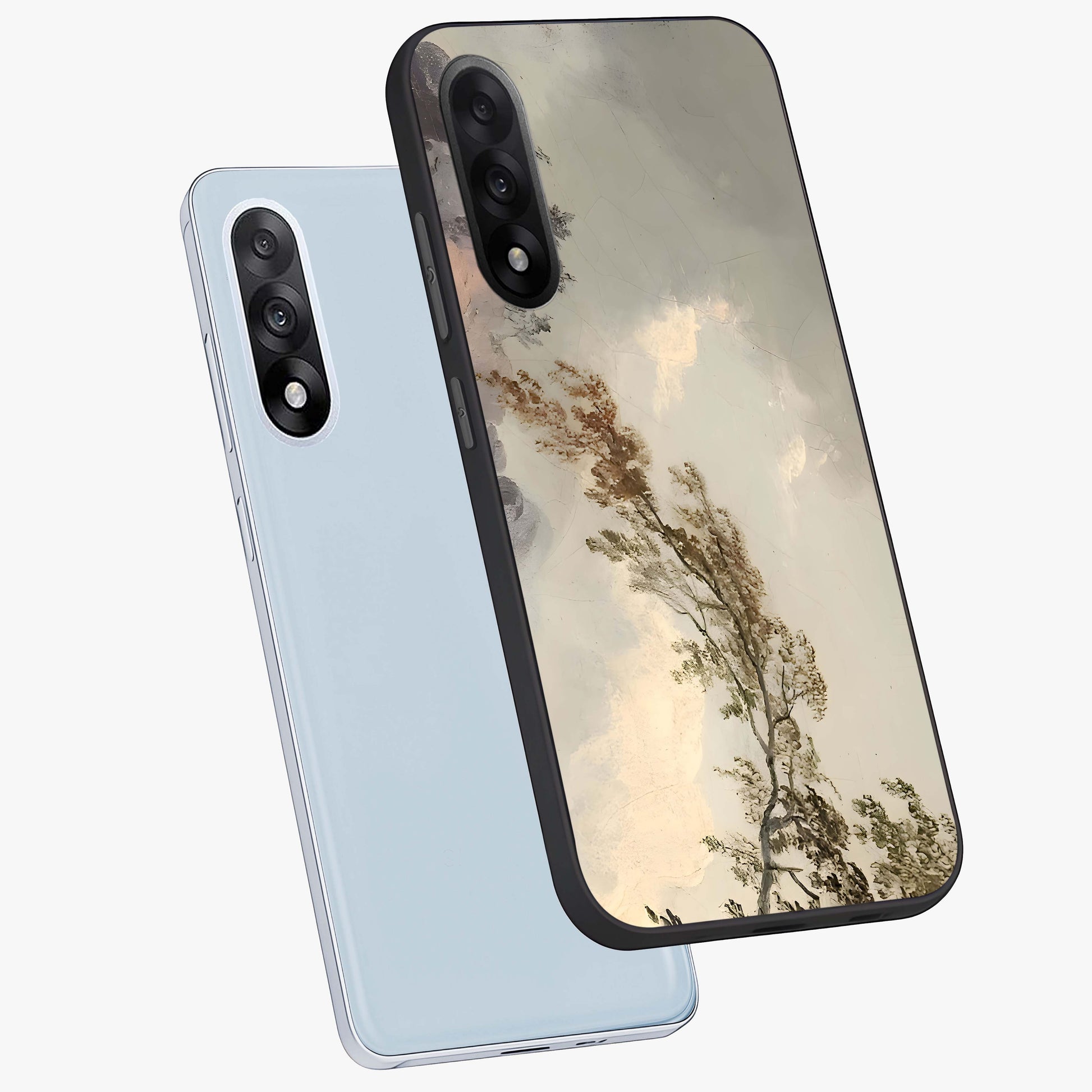 Dreamlike Wind Field Glass Case for 1+Nord 5 angled mockup showcasing glossy glass finish and dreamy landscape detailing