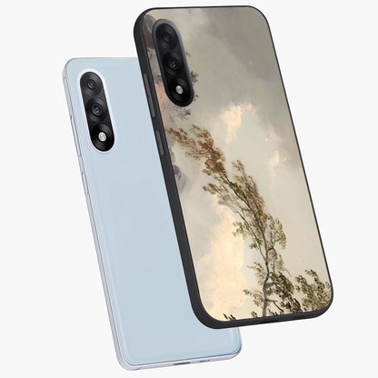 Dreamlike Wind Field Glass Case for 1+Nord 5 angled mockup showcasing glossy glass finish and dreamy landscape detailing
