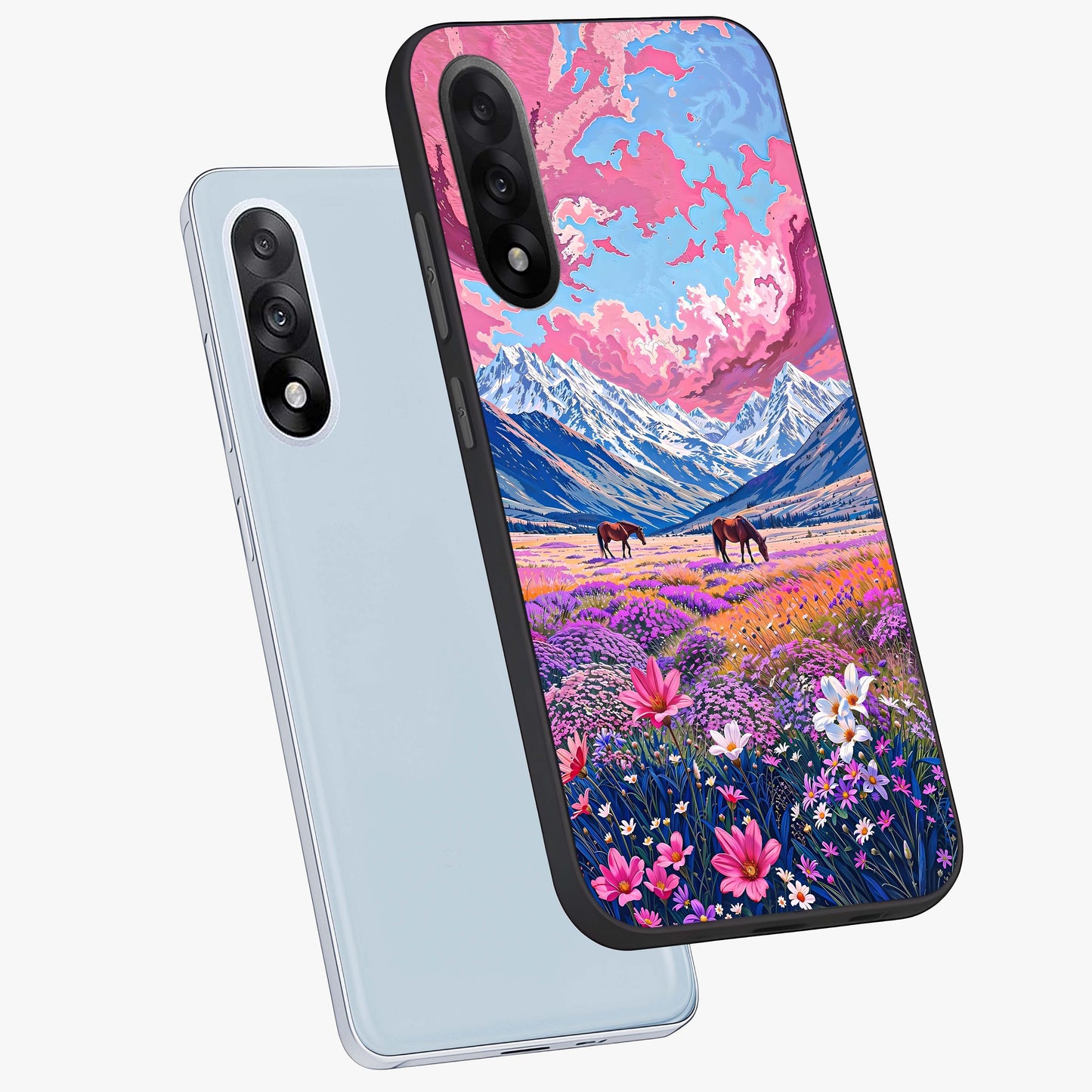 Dreamy Floral Pastures Glass Case for 1+Nord 5 angled mockup showcasing glossy finish and gentle bloom textures