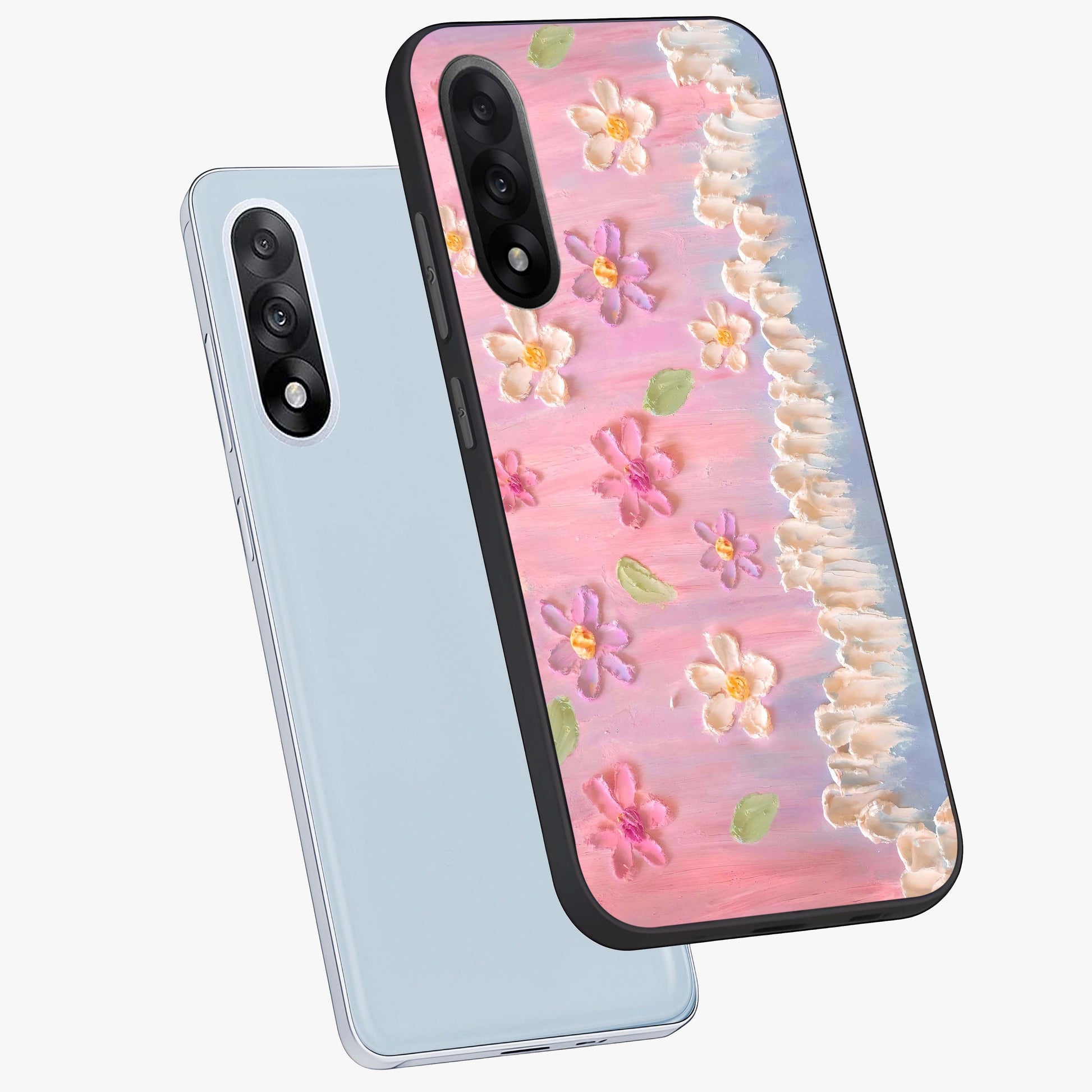 Dreamy Painted Garden Glass Case for 1+Nord 5 angled mockup showcasing glossy finish and vibrant brushstroke textures