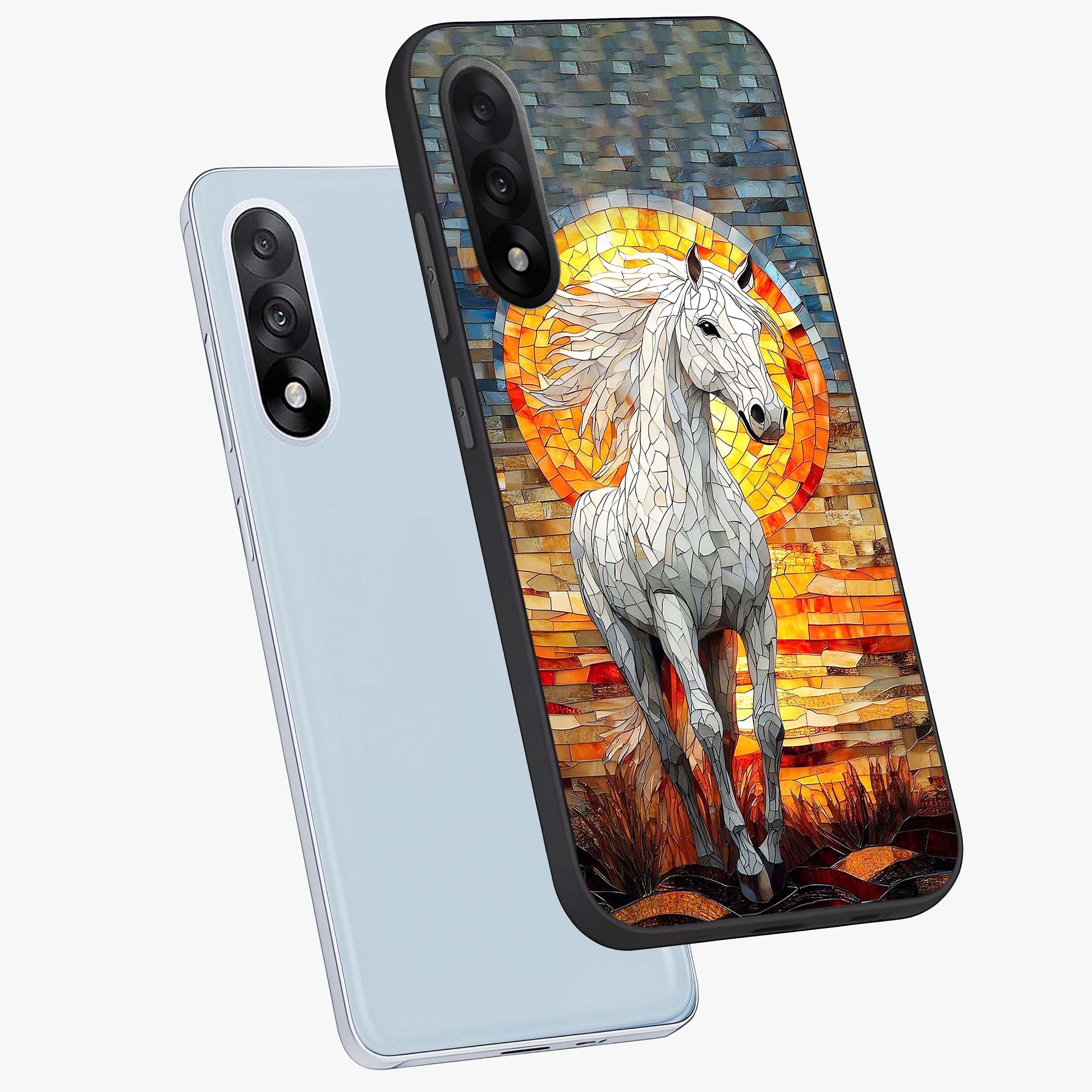 Elected Horse Glass Case for 1+Nord 5 angled mockup showcasing glossy finish and dynamic equestrian detailing