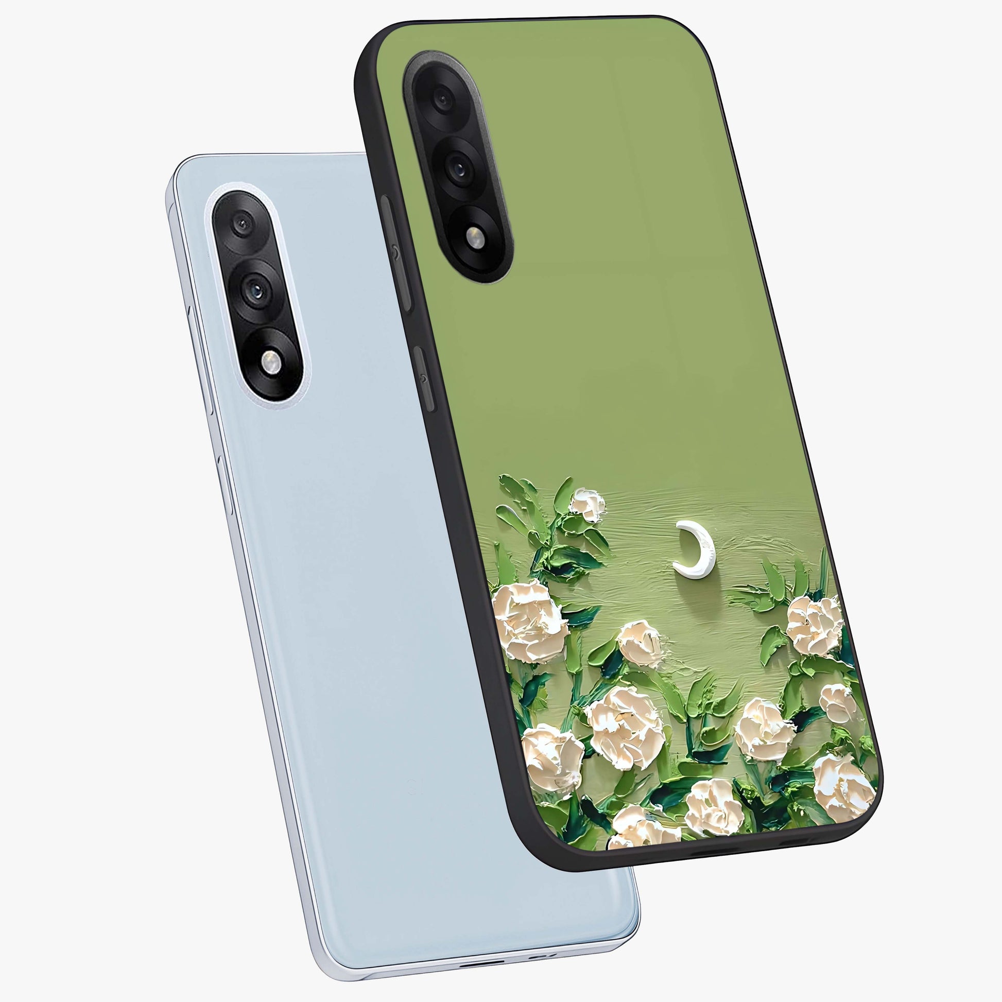 Emerald Bloom Calm Glass Case for 1+Nord 5 angled mockup showcasing glossy finish and rich green tones