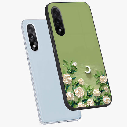 Emerald Bloom Calm Glass Case for 1+Nord 5 angled mockup showcasing glossy finish and rich green tones