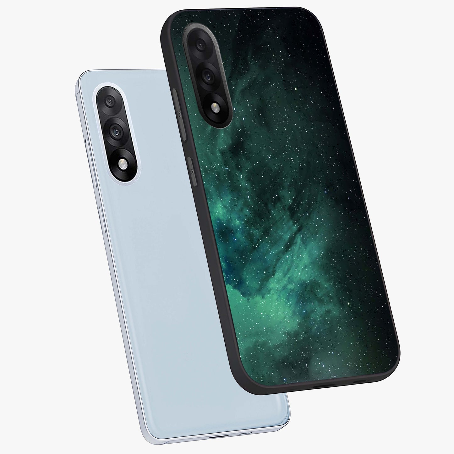 Emerald Green Space Glass Case for 1+Nord 5 angled mockup showcasing glossy finish and bold emerald gradients