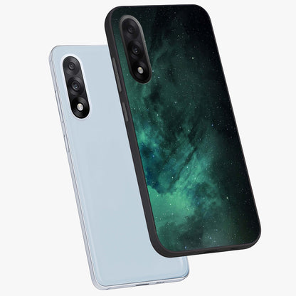 Emerald Green Space Glass Case for 1+Nord 5 angled mockup showcasing glossy finish and bold emerald gradients