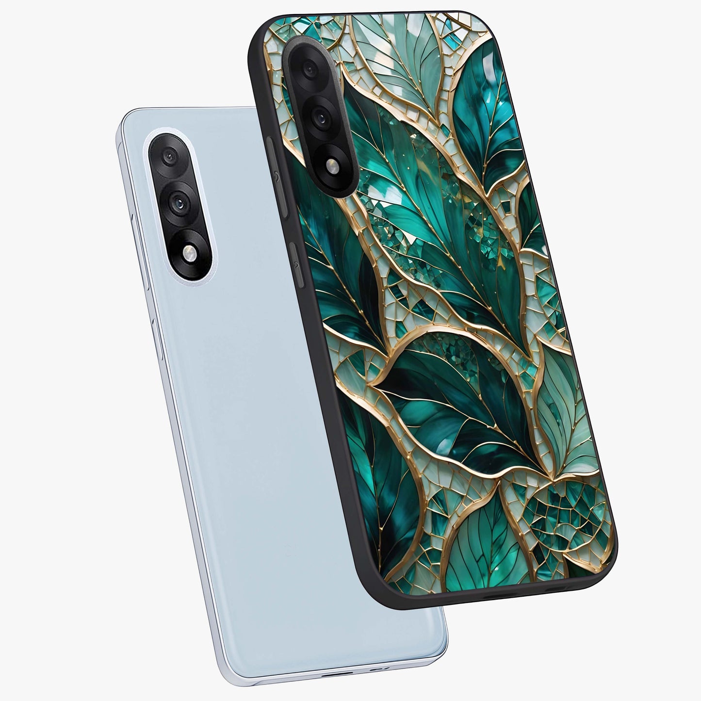 Emerald Leaf Glass Case for 1+Nord 5 angled mockup showcasing glossy finish and natural botanical tones