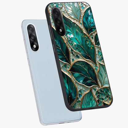 Emerald Leaf Glass Case for 1+Nord 5 angled mockup showcasing glossy finish and natural botanical tones