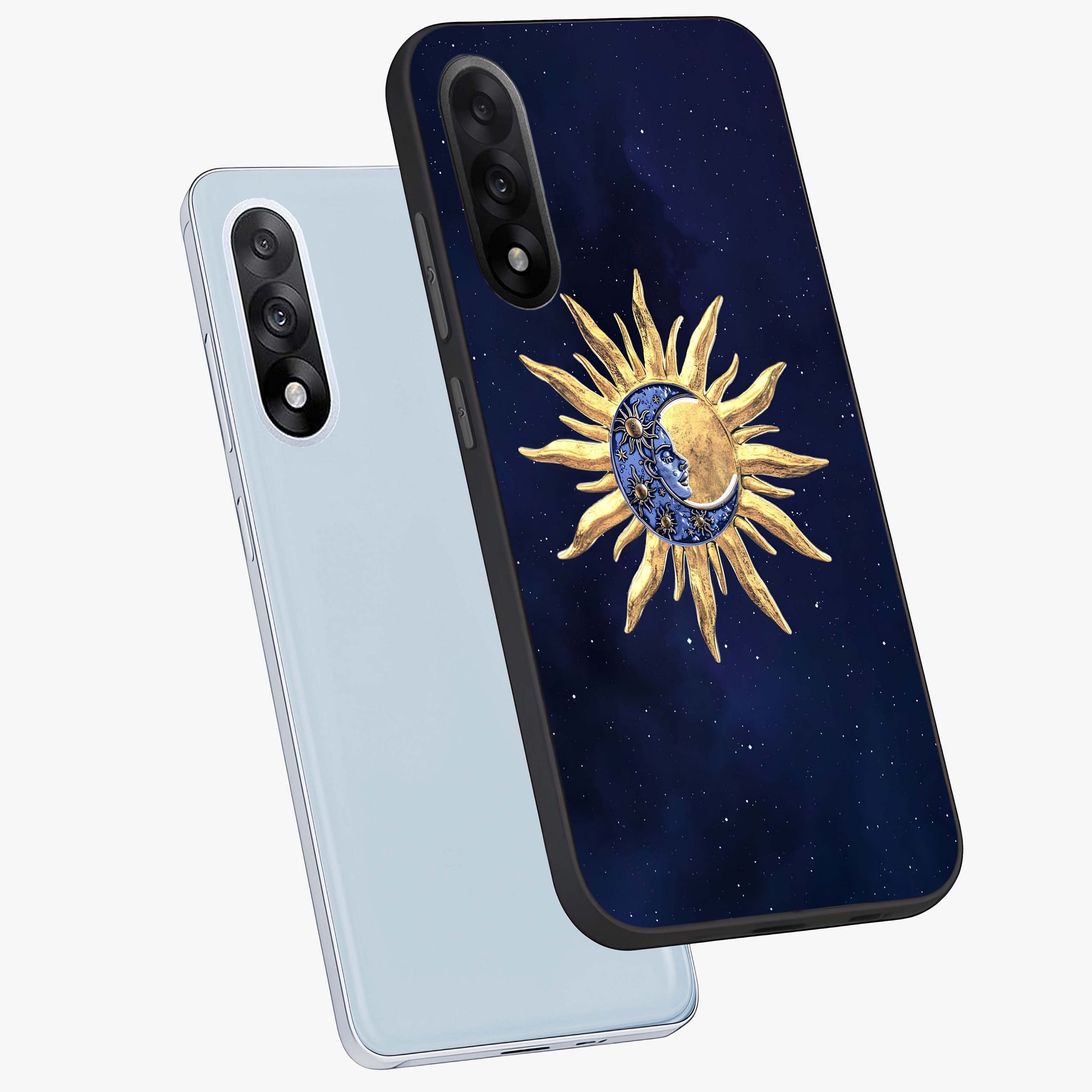 Eternal Cosmic Balance Glass Case for 1+Nord 5 angled mockup showcasing glossy finish and celestial gradient tones