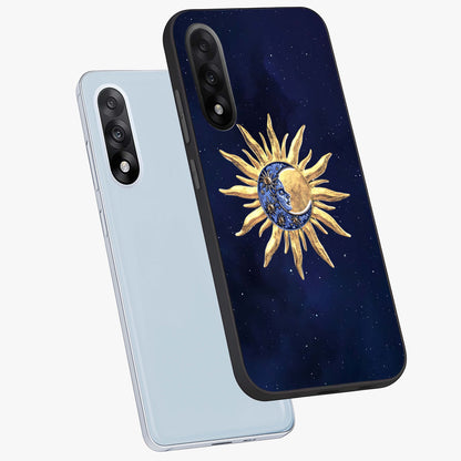 Eternal Cosmic Balance Glass Case for 1+Nord 5 angled mockup showcasing glossy finish and celestial gradient tones