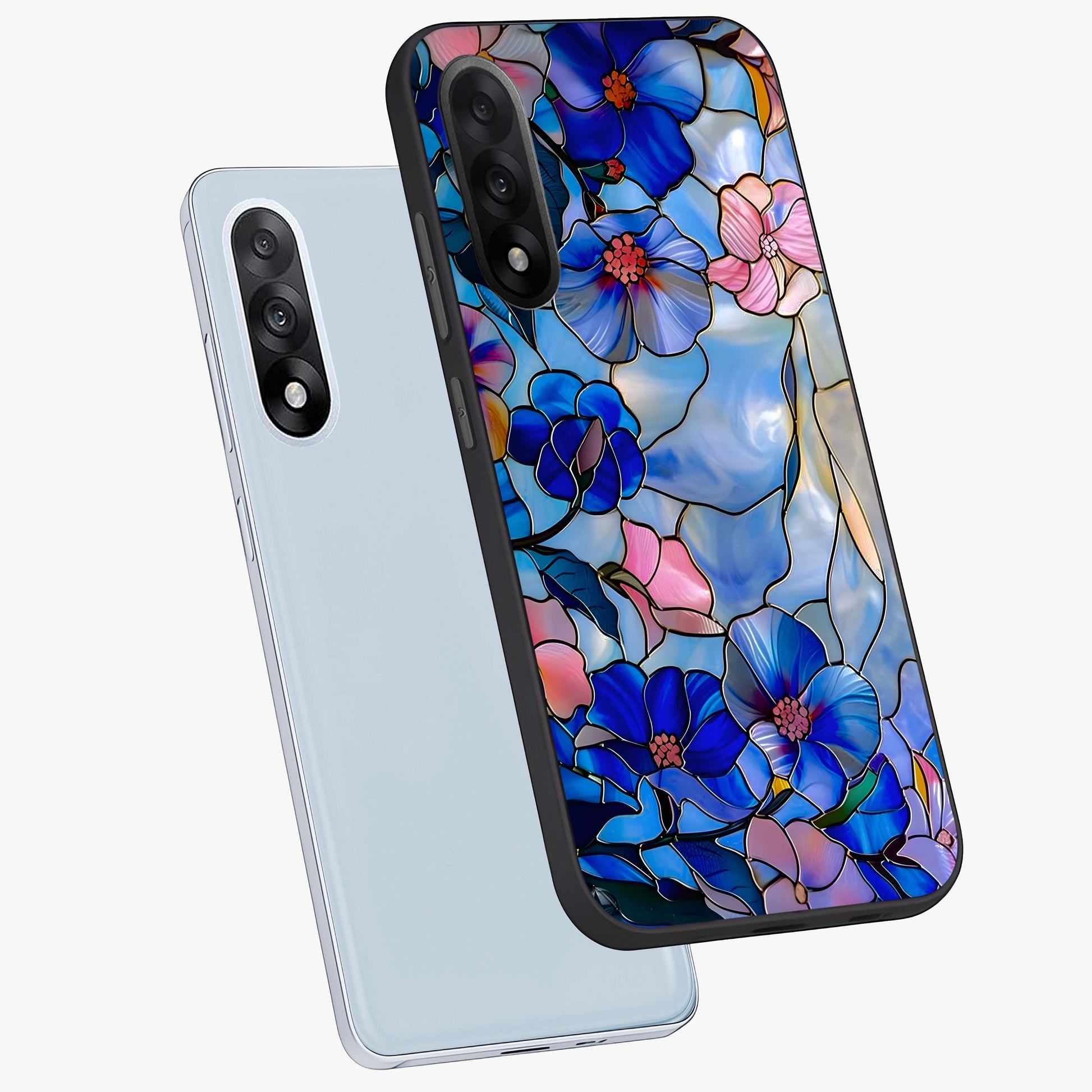 Eternal Floral Stained Glass Case for 1+Nord 5 angled mockup showcasing glossy finish and vibrant mosaic textures