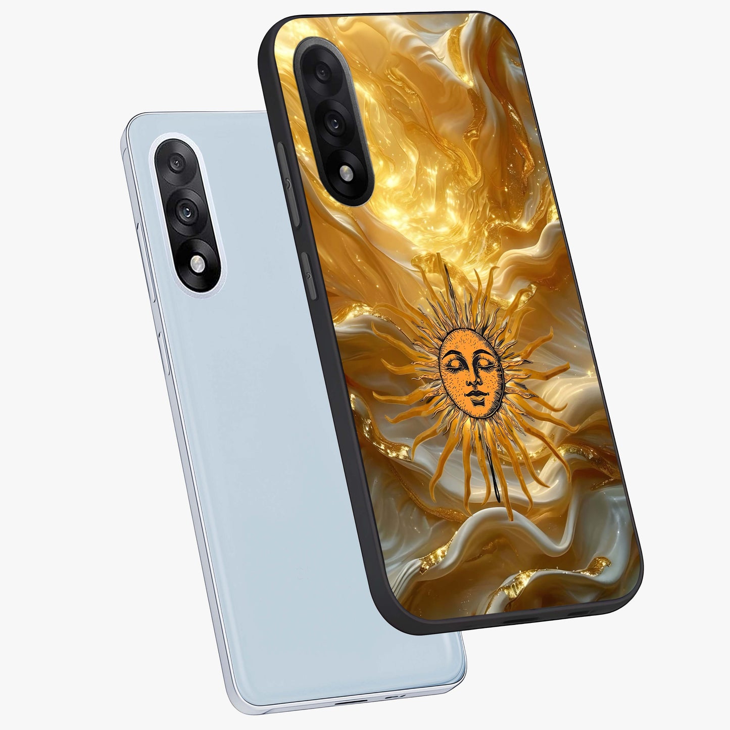 Eternal Golden Glow Glass Case for 1+Nord 5 angled mockup showcasing glossy glass finish and luminous gold tones
