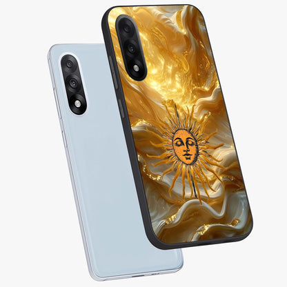 Eternal Golden Glow Glass Case for 1+Nord 5 angled mockup showcasing glossy glass finish and luminous gold tones