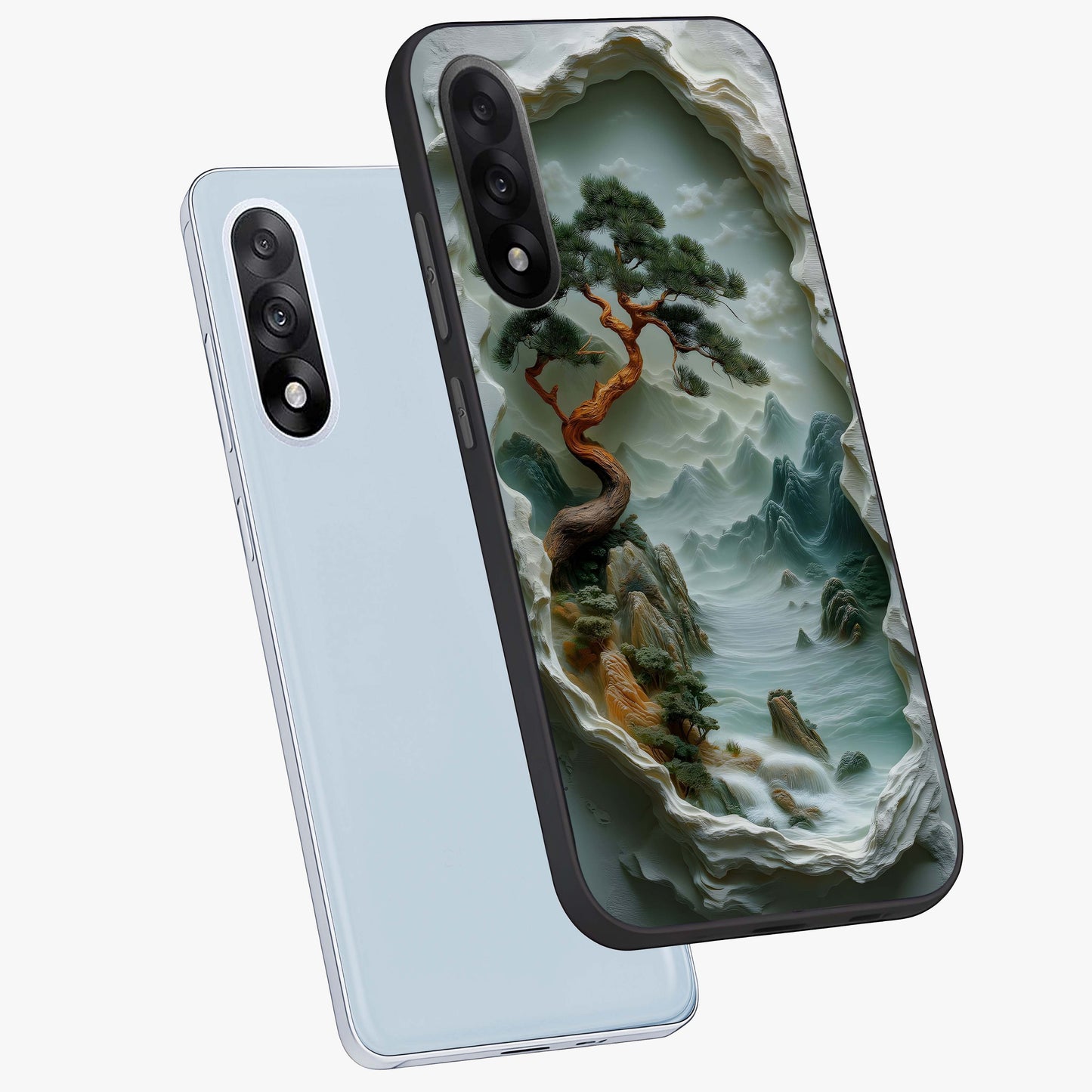Eternal Nature Spirit Glass Case for 1+Nord 5 angled mockup showcasing glossy finish and calming botanical tones