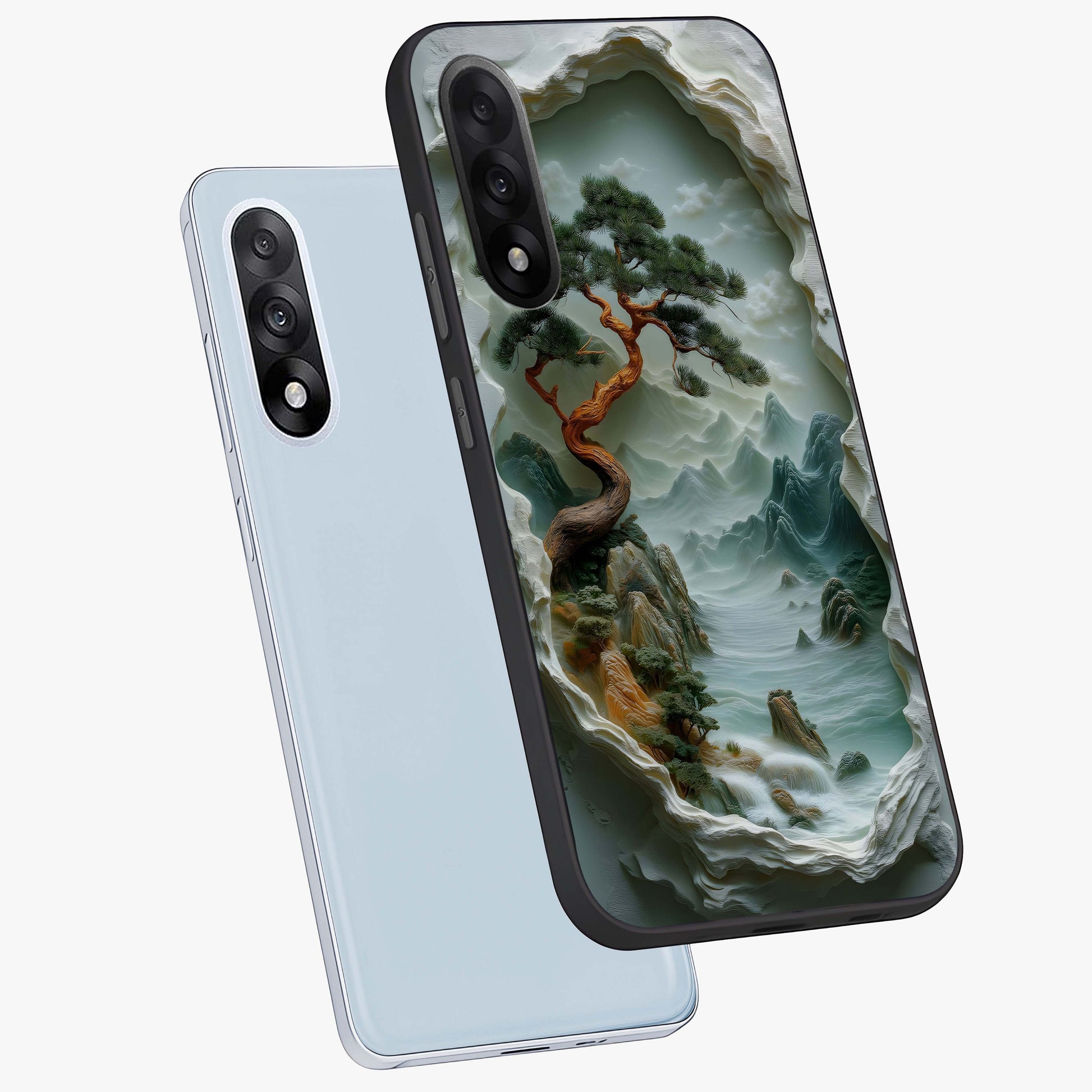 Eternal Nature Spirit Glass Case for 1+Nord 5 angled mockup showcasing glossy finish and calming botanical tones