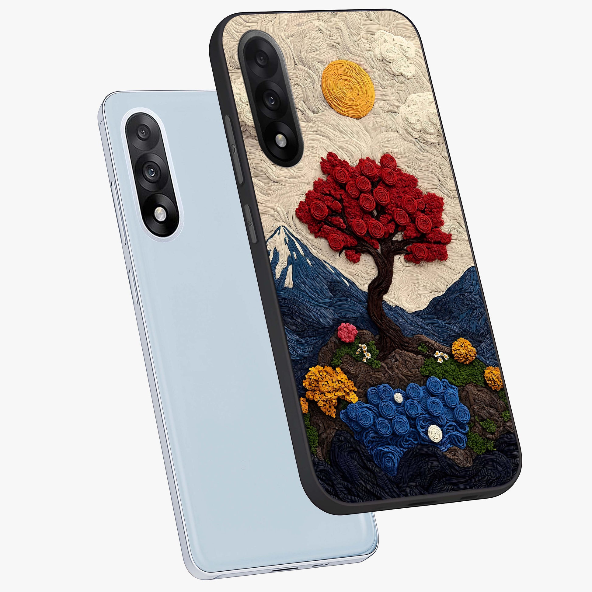 Eternal Nature Tapestry Glass Case for 1+Nord 5 angled mockup showcasing glossy finish and detailed botanical patterns
