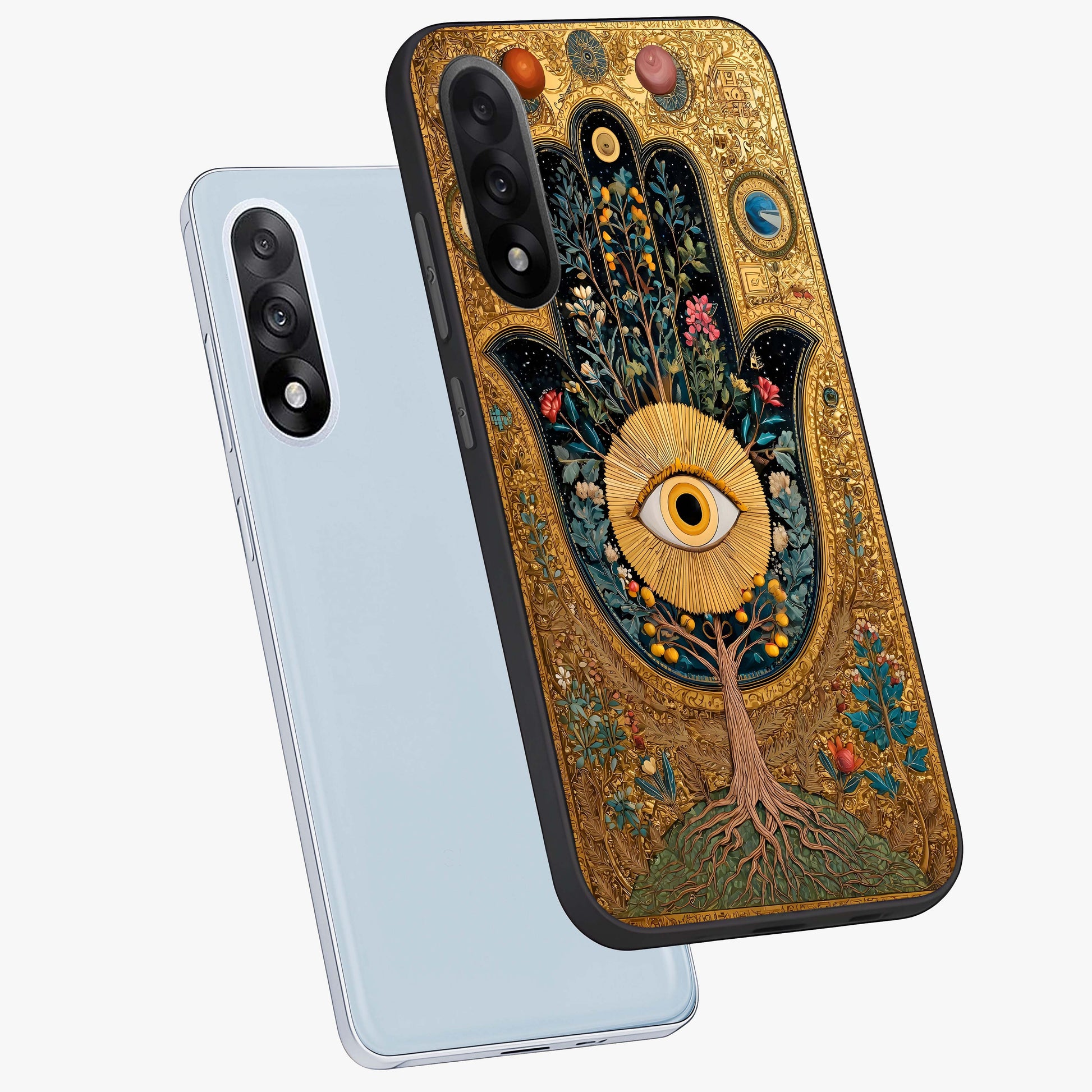 Ethereal Evil Eye Glass Case for 1+Nord 5 angled mockup showcasing glossy finish and celestial blue tones