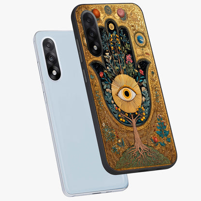 Ethereal Evil Eye Glass Case for 1+Nord 5 angled mockup showcasing glossy finish and celestial blue tones