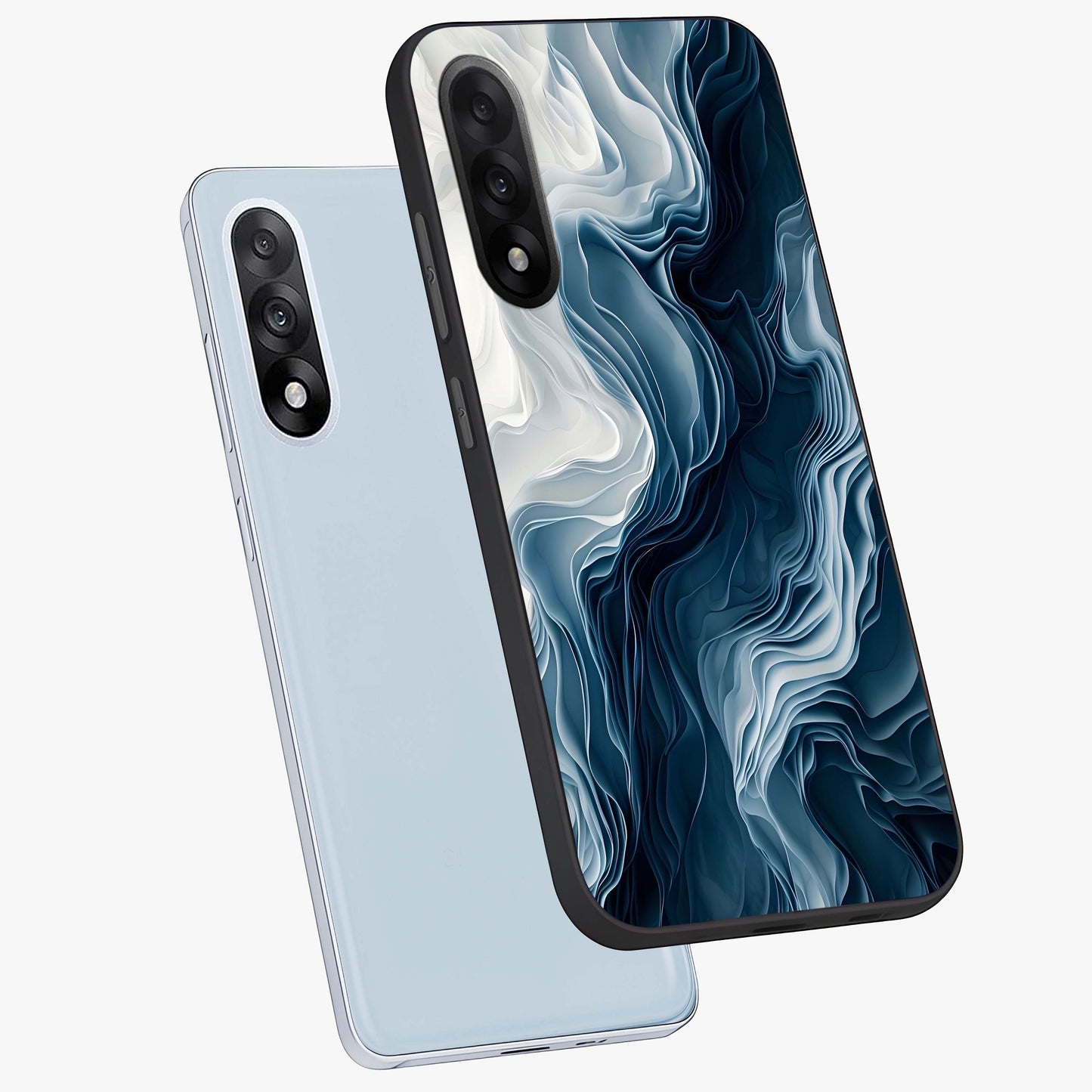 Ethereal Paper Marble Glass Case for 1+Nord 5 angled mockup showcasing glossy finish and soft blended textures