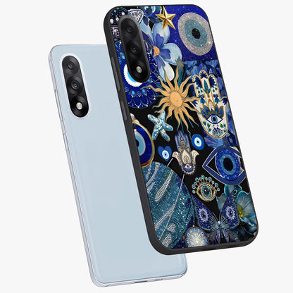 Evil Eye Charm Mix Glass Case for 1+Nord 5 angled mockup showcasing glossy finish and bold blue tones