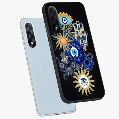 Evil Eye Charm Vibes Glass Case for 1+Nord 5 angled mockup showcasing glossy finish and protective symbol detailing