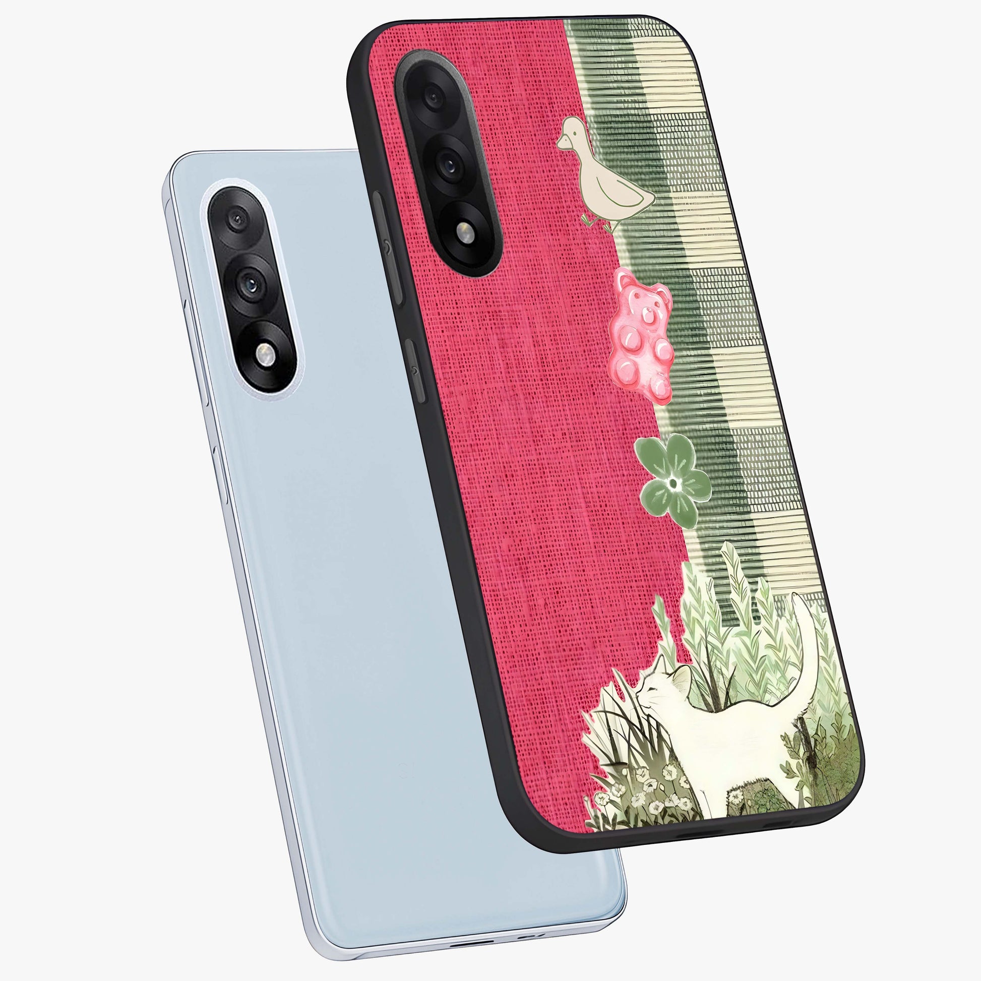 Fabric Patterns Glass Case for 1+Nord 5 angled mockup showcasing glossy finish and intricate fabric detailing