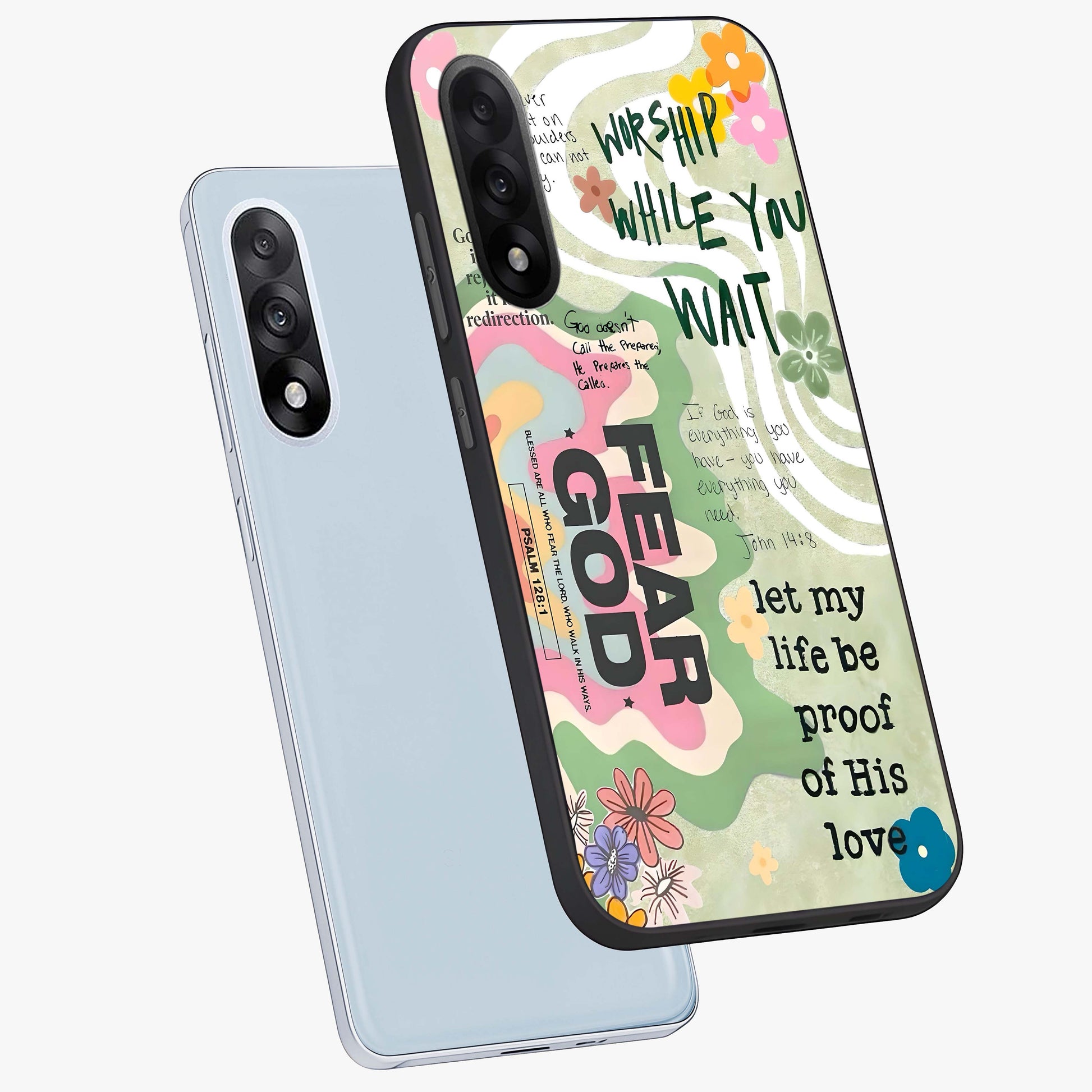 Faith Over Fear Glass Case for 1+Nord 5 angled mockup showcasing glossy finish and clean modern design